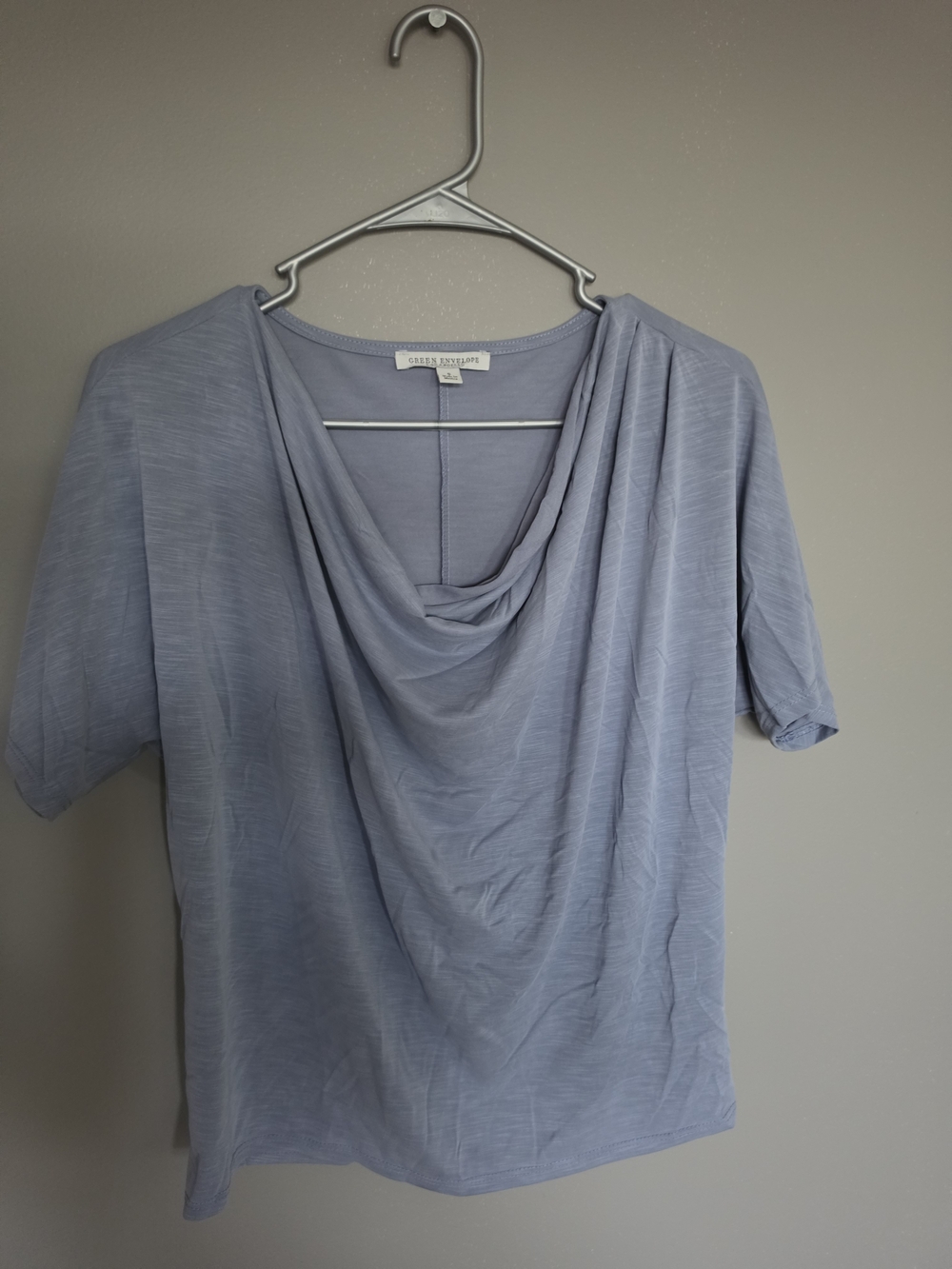 Elegant Light Blue Draped Cowl Neck Short Sleeve Top